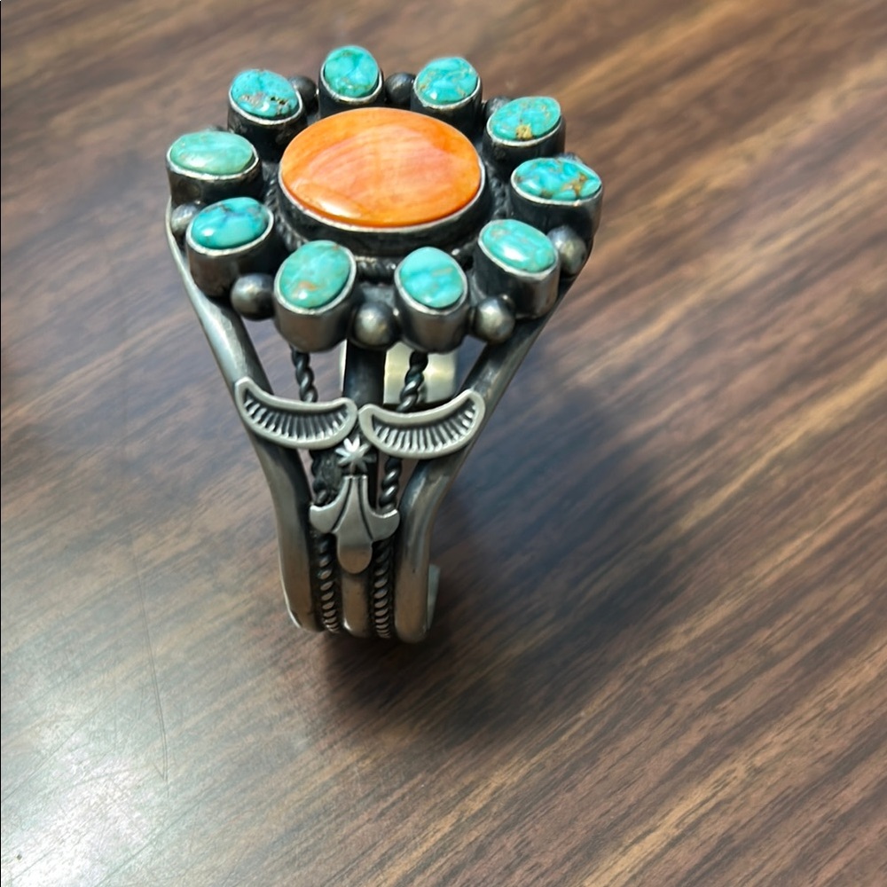 Thomas Francisco Turquoise and Spiny Oyster Cuff Bracelet - Picture 2 of 5
